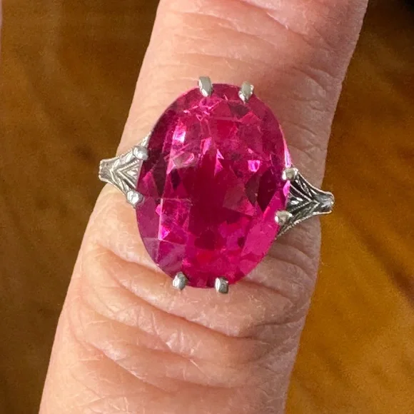 Art Deco 8 Carat Pink Sapphire Sterling Checkerboard Cut Ring - Picture 3 of 13